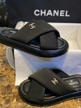 Chanel Black Crisscross Platform Slides
